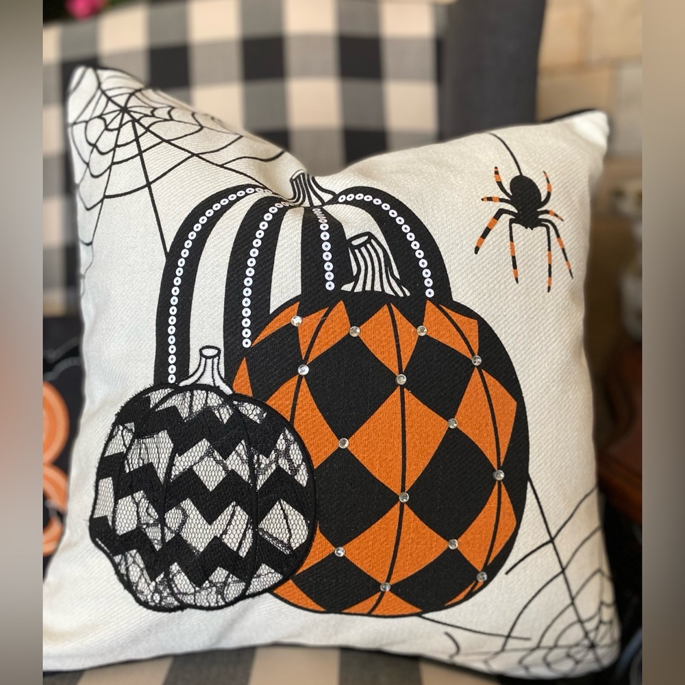 Halloween Pumpkin Decorative Pillow Harlequin and Sequins